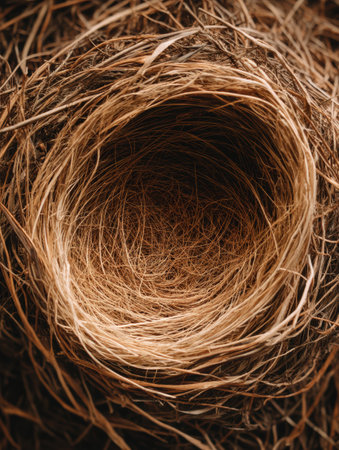 Nest constructed from straw, showcasing a circular shape with a hollowed center. Perfect for showcasing a logo or creative design. Ideal for branding purposes.の素材