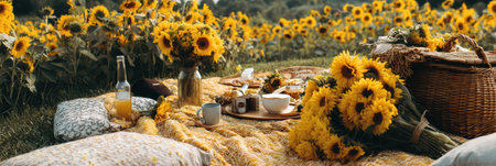 Enjoy a delightful picnic in a sunny sunflower field filled with bright yellow blooms, cozy blankets, and tasty refreshments arranged beautifully.の素材