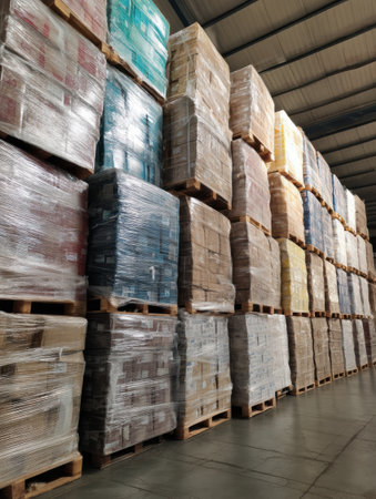 Stacks of pallets wrapped in plastic line the warehouse floor, showcasing efficient storage and organization to maximize space and accessibility.の素材