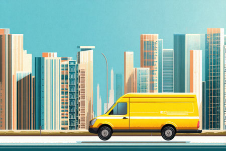A yellow delivery van drives along a road, surrounded by a colorful modern city skyline featuring towering skyscrapers and clear skies.の素材