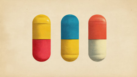 A retro medical poster showcases three pills in vibrant colors, arranged neatly against a neutral background, emphasizing simplicity and design from the past.の素材