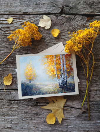 Vibrant autumn postcard showcases colorful trees, surrounded by dried leaves and yellow flowers, evoking the warm essence of fall in a serene setting.の素材