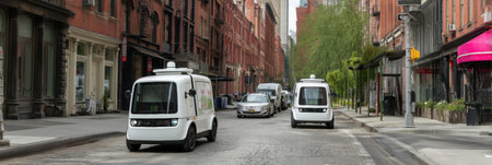 Autonomous delivery vehicles traverse a bustling city street, showcasing modern technology amid brick buildings and urban greenery in daylight.の素材