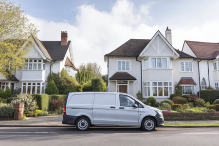 A delivery van is parked along a quiet street in a suburban neighborhood, showcasing clean architectural lines and well-maintained gardens under a clear sky.の素材