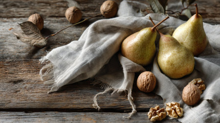A rustic wooden table displays fresh pears, scattered walnuts, and a delicate linen napkin, creating a cozy and inviting atmosphere perfect for autumn.の素材