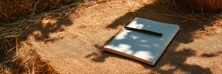 A straw lies across an open notebook resting on a burlap-covered table, basking in sunlight, creating a peaceful outdoor atmosphere.の素材