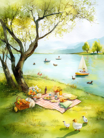 Enjoying a tranquil day by the lake with a picnic, surrounded by ducks, colorful boats, and gentle breezes under soft sunlit skies.の素材