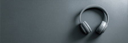 A sleek pair of wireless headphones placed on a smooth desk surface, showing a minimalist aesthetic with a subtle shadow effect above.の素材