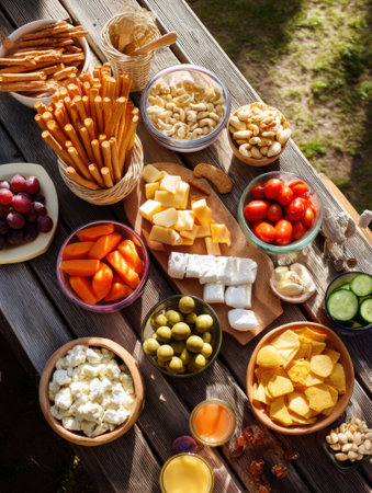 A vibrant array of picnic snacks is laid out on a wooden table, showcasing fruits, cheeses, nuts, and dips, perfect for a leisurely outdoor gathering.の素材