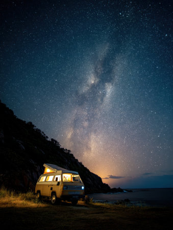 A retro camper van is parked on a cliffside, offering breathtaking views of the ocean and a brilliant night sky filled with stars and the Milky Way.の素材