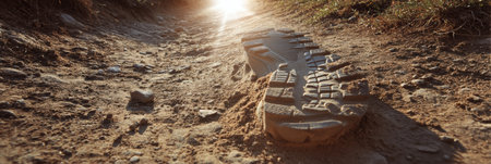 A distinct shoe trail print can be seen on a dusty path, warmed by the golden sunlight of a lovely afternoon, capturing the essence of an outdoor adventure.の素材