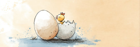 A small chicken peeks out from a cracked egg, surrounded by soft pastel hues, depicting a delightful moment of new life and joy in a whimsical style.の素材