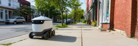 A smart delivery robot glides along a deserted sidewalk in a city area, showing advanced technology and urban mobility on a sunny day.の素材