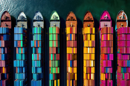 An aerial view captures a vibrant grid of shipping containers in various colors, lined along the vessels at a bustling port, showcasing maritime logistics.の素材