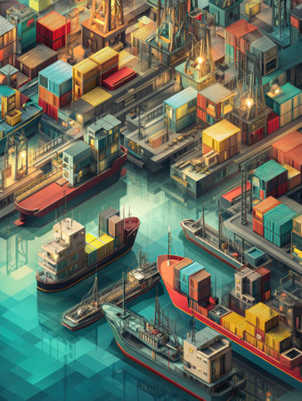 Vibrant isometric harbor displays numerous halted cargo ships surrounded by stacked containers, reflecting a busy yet organized corporate atmosphere.の素材