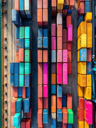 Brightly colored shipping containers are neatly organized in rows, showing a vibrant grid at a busy port.の素材
