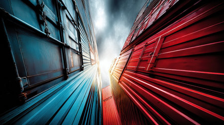 Red and blue shipping containers are captured mid-air in a striking contrast, creating a dynamic interplay of colors against an overcast sky.の素材