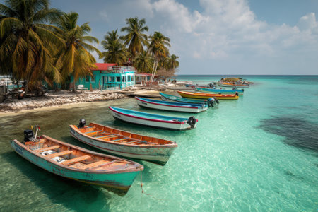 Colorful boats line a sandy beach on a tropical island resort, surrounded by turquoise waters and palm trees, creating a serene escape.の素材