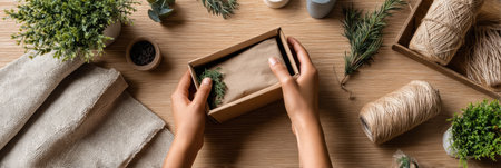 Hands are diligently packing an eco-friendly box with biodegradable materials, surrounded by plants and crafting supplies on a wooden table.の素材