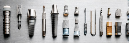 Components essential for dental implants are meticulously arranged on a sterile surface, highlighting the precision required in dental surgery.の素材