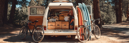 A packed camper stands open, revealing surfboards, bikes, and road maps, ready for an outdoor adventure in nature. Perfect setup for travelers.の素材