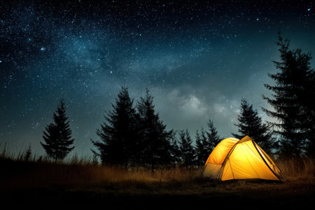 A tent shines warmly from within as it rests in a secluded area surrounded by tall trees under a brilliant star-filled night sky.の素材