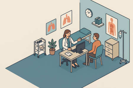 A healthcare professional discusses medical concerns with a patient in a modern clinic office. The room features anatomical posters and medical equipment.の素材