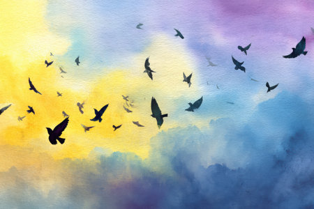 A beautiful display of birds soaring through a bright watercolor sky filled with hues of yellow, purple, and blue during the magical moments of twilight.の素材