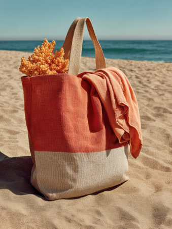 A sand-filled beach bag sits half open with a coral piece and a towel draped over it, inviting sunbathers to enjoy the coastal paradise ahead.の素材