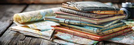A stack of vibrant guidebooks and travel notes rests on a rustic wooden table, surrounded by old maps, ready for adventure and exploration.の素材