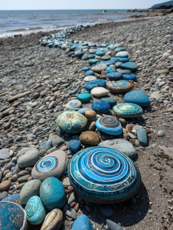 Brightly painted rocks in shades of blue and green create a spiral pattern on a pebbled beach, showcasing artistic expression and natureの素材