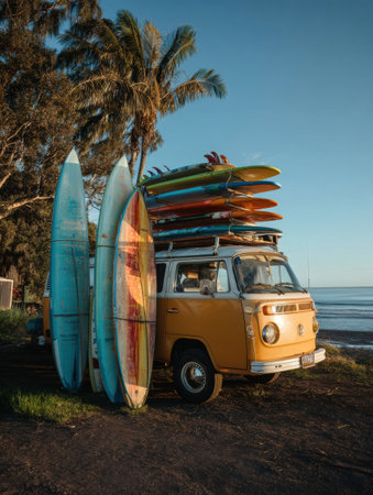 A vibrant yellow camper van with stacked surfboards awaits adventure by the tranquil beach, framed by palm trees under a colorful sunset sky.の素材