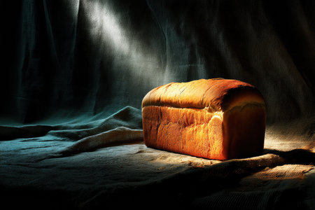 In a dimly lit setting, a beautifully crafted loaf of bread lies on a textured surface, illuminated by striking light that enhances its rich color and shape.の素材
