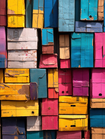 Colorful arrangement of flattened delivery boxes showcases abstract art, featuring a mix of bright hues and textures throughout the composition.の素材