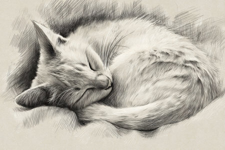 A serene depiction of a cat sleeping curled up, showcasing fine details in fur and relaxed features against a gentle, soft background.の素材