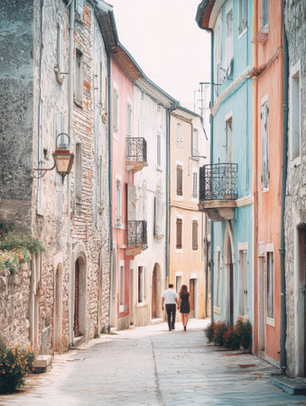 A couple wanders hand in hand along a narrow street lined with beautiful pastel colored buildings and scenic architecture in an ancient European village.の素材