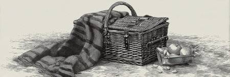 A detailed monochrome sketch features a classic picnic basket beside a comfortable blanket, evoking the essence of leisurely outdoor gatherings.の素材