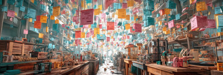 In a whimsical marketplace, colorful price tags float above various items, inviting customers to explore unique products in a dreamlike atmosphere.の素材