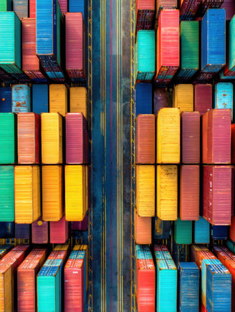 Vibrant arrangement of shipping containers creates a striking visual pattern in an industrial area, showing logistics operations and transport efficiency.の素材