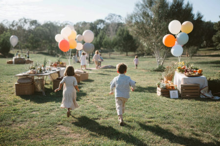Joyful children run freely near a beautifully arranged picnic with vibrant balloons, surrounded by greenery in a peaceful park on a sunny day.の素材
