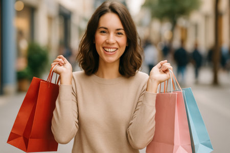Cheerful woman holds shopping bags in vibrant colors, smiling in a lively outdoor shopping district filled with people enjoying their day.の素材