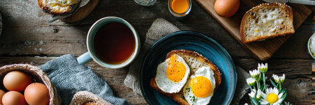 Enjoy a delightful breakfast spread featuring golden eggs, crispy toast, fresh tea, and seasonal flowers, all set on a rustic wooden table.の素材