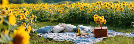 A cozy picnic setup awaits in a vibrant sunflower field, providing a cheerful atmosphere with colorful cushions, tasty snacks, and beautiful scenery.の素材