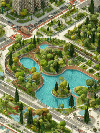 Joggers enjoy the scenic paths around tranquil lakes in a lively urban park filled with lush greenery and well-maintained landscapes during the day.の素材