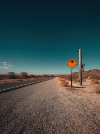 A minimalist desert highway stretches into the distance, featuring a lone cactus and a road sign guiding travelers under a bright blue sky during day.の素材