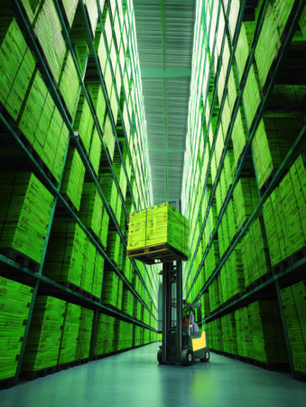 A forklift moves a stack of eco-labeled boxes in a green warehouse, showing an efficient operation focused on sustainable practices and organization.の素材