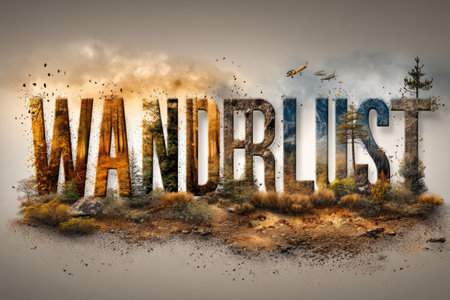 Unique typography showing wanderlust with embedded textures of nature evokes a spirit of adventure, inviting exploration of the great outdoors.の素材