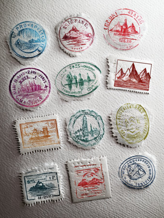 A captivating arrangement of colorful passport stamps depicting popular travel locations, artfully placed on a smooth, neutral backdrop, inviting adventure.の素材