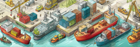 Clean and organized harbor with cargo ships docked, workers managing containers, and cargo vehicles in a bustling yet orderly environment under bright skies.の素材