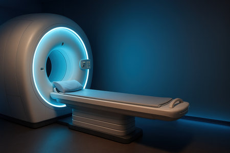 A sleek MRI machine with soft blue lighting is positioned in a clinical room, offering advanced imaging technology for patient diagnostics.の素材